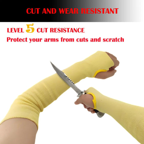Tough As Nails Double Ply Kevlar Arm Sleeves Cut And Heat Resistant Ergonomic Knit Fit With Thumb Slots Perfect For Welding Mechanics Gardeners 18 Inch Yellow Includes 2 Pair Bundle with knife demonstration.