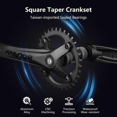Mountain Bike Crankset 1X Square Taper 104 BCD 170mm with 32T option, black aluminum alloy, CNC machined, waterproof design.
