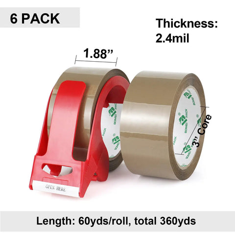Brown Packing Tape With Dispenser 2.4 Mil Thick 1.88 Inch Wide By 60 Yards 6 Rolls Total Free Dispenser Included Ideal For Moving Shipping And Storage Fits Standard 3 Inch Core Easy Tear No Mess two rolls with red dispenser