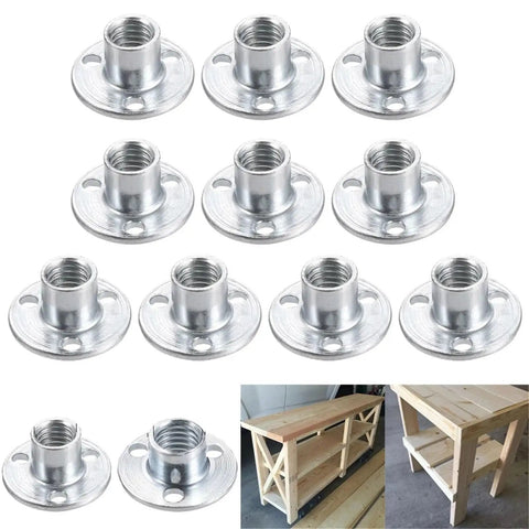 Round Base Tee Nuts 100 Pack for Woodworking M6 M8 M10 galvanized fasteners with wood furniture and mounting examples