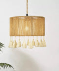 Boho Hemp Rope Pendant Light With Plug In Cord 15ft Hanging Lamp with tassels, UL certified socket, rustic chandelier in room.