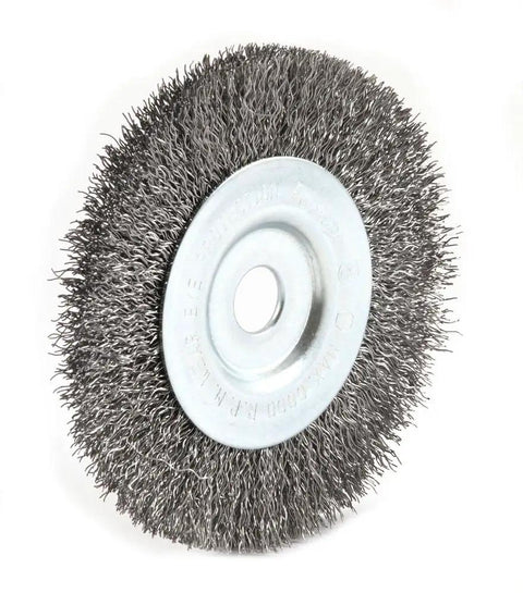 Heavy Duty Coarse Crimped Wire Wheel Brush With Half Inch Arbor And Four Inch Diameter for rust and paint removal.
