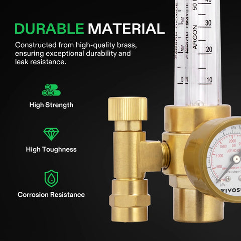 Close-up of VIVOSUN brass argon/CO2 regulator with flow meter gauge.