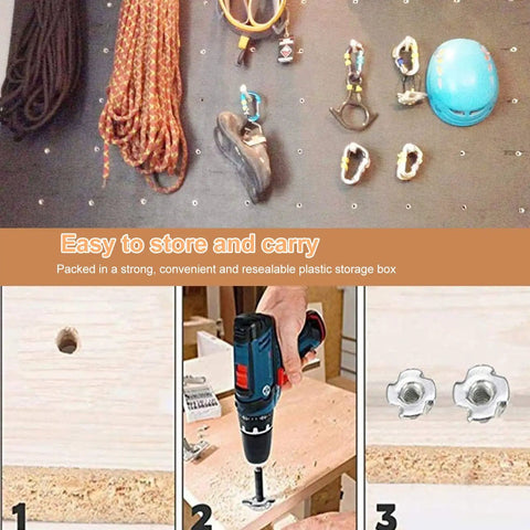 80 Piece Heavy Duty Tee Nut Set For Wood, 4 prong design demonstration with drill on wooden surface