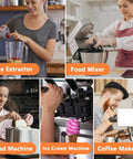 Collage of kitchen equipment: juice extractor, food mixer, bread machine, ice cream machine, and coffee maker in use.