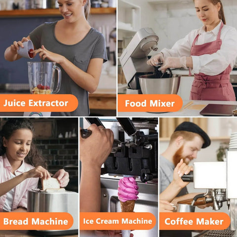 Collage of kitchen equipment: juice extractor, food mixer, bread machine, ice cream machine, and coffee maker in use.