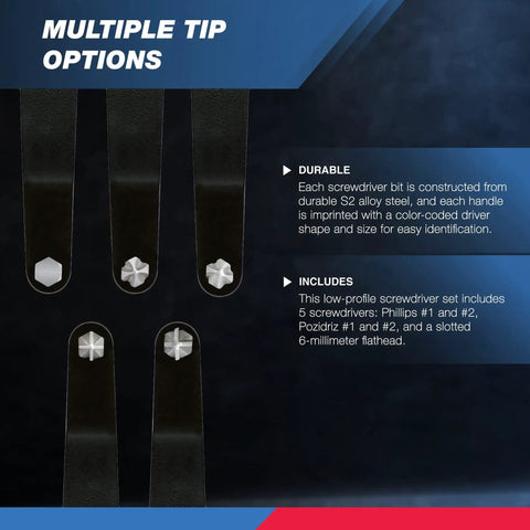 Ultra Low Profile Offset Screwdriver Set, 5 Piece S2 Steel With Phillips Pozidriv And Slotted Bits, Ultra Slim 3 mm Body And 15 Degree Bent Head For Tight Spaces And Everyday Home Or Shop Projects