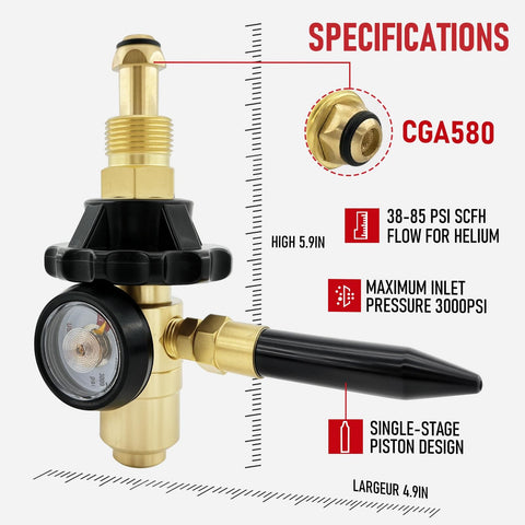 Helium Balloon Filler Regulator With Gauge 0-3000 PSI for CGA580 Tank, brass and rubber, with specifications details