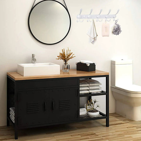Heavy Duty Wall Mount Coat Rack With 5 Tri Hooks, Built Tough Rust Resistant Stainless Steel Backplate And Aluminum Hooks in bathroom