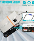 Camini Electric Stair Climbing Hand Truck Dolly Cart With 661 Lbs Capacity And 600 W Motor on stairs, displaying control panel and battery indicators.