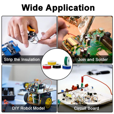 Image showing diverse uses: stripping insulation, soldering on PCB, DIY robot, and circuit board with Five Pack 164 Ft Copper Hookup Wire Kit 30AWG.