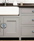 Kitchen cabinet with Vintage Blue Gold Floral Cabinet Handles Set 3 Inch Center To Center Semicircle Drawer Pulls on gray drawers.