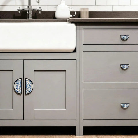 Kitchen cabinet with Vintage Blue Gold Floral Cabinet Handles Set 3 Inch Center To Center Semicircle Drawer Pulls on gray drawers.