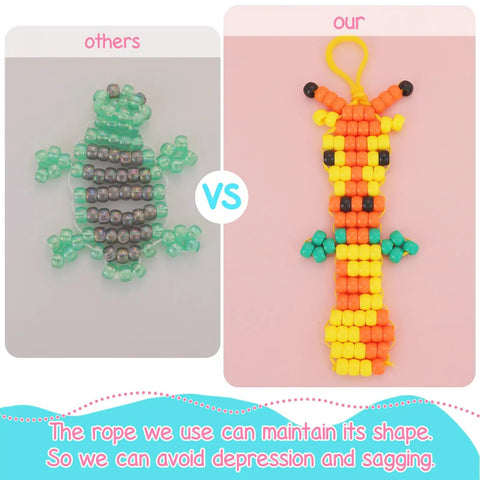 Comparison of bead pets made with Beads For Crafts Kit With 12 Design Pony Beads And Letter Beads, showing rope shape retention.