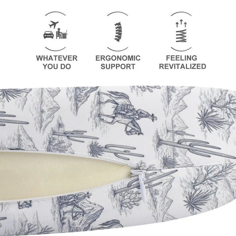 Women's Memory Foam U Shaped Neck Pillow For Travel And Daily Use On The Go Cozy Comfy Comfort For Planes Cars And Office Naps Ultra Portable Durable Polyester Build Western Cowboy Cactus White with cowboy and cactus design.