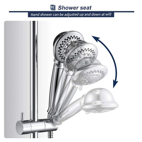 Adjustable handheld shower head of Two In One Handheld And Overhead Shower Head System in Chrome, showing liftable feature.