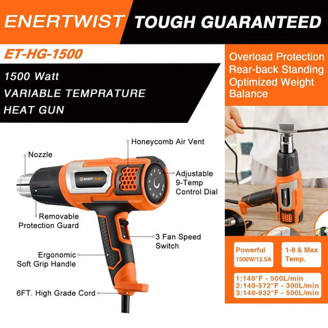 Hot Air Gun With 9 Temp Dial And 3 Fan Speeds, tool showing adjustable temperature dial and ergonomic handle design.