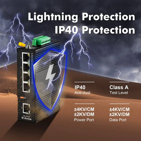 5 Port Industrial DIN Rail Network Switch With 4 Local Ethernet Ports And 1 Uplink Built Tough For Harsh Industrial Environments 10 100 Mbps Fast Ethernet IP40 Rated, showing lightning protection and IP40 rating details