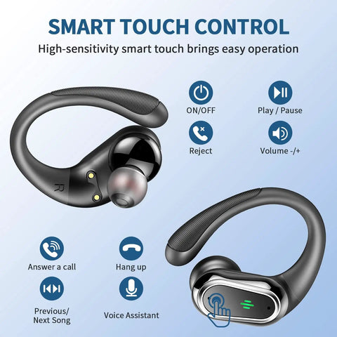 Diagram of Bluetooth 5.4 Auto Connect Sport Earbuds With 60 Hours Playtime featuring smart touch controls and earhook design