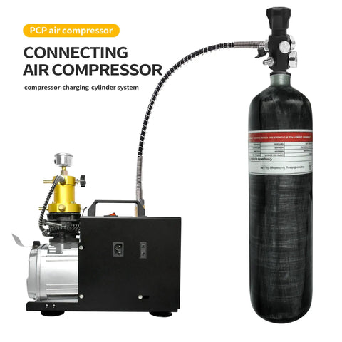 Beefy 3L 4500Psi Carbon Fiber Air Tank For PCP Air Rifles And Scuba Gear with Regulator Valve M18 Thread shown with air compressor
