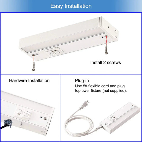 Under Cabinet LED Light Fixture 24 Inch, 14W, 985 Lumens, Dimmable, CRI 90, Triple Color Temp, installation options displayed