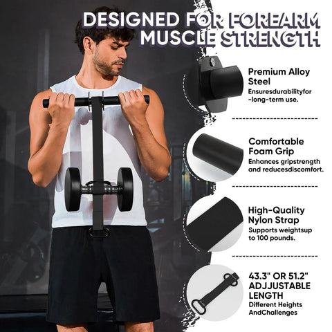 Man using Beefy Forearm Strengthener And Wrist Roller With Ultra Strong Nylon Webbing 43.3 Or 51.2 Inch Options Quick Lock
