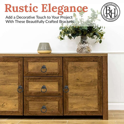 Wooden cabinet with Two Pack Black Ring Pulls Heavy Duty Decorative Iron Ring Handles For Chests Trunks Barn Doors And Cabinets, flowers on top