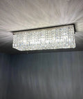 Lit Modern Crystal Rectangle Chandelier Lighting With Raindrop Crystals, Chrome Flush Mount LED Pendant Light in room