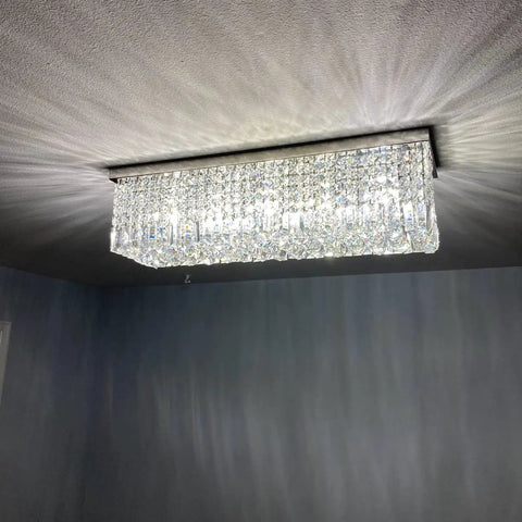Lit Modern Crystal Rectangle Chandelier Lighting With Raindrop Crystals, Chrome Flush Mount LED Pendant Light in room