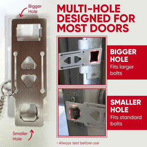 Portable door lock with multi-hole design for larger and standard bolts, enhancing security; Door Lock For Extra Security And Privacy While Traveling Portable Travel Lockdown Prevent Entry And Keep Your Family Safe Red Ideal For Hotels Dorms Apartments And Bedrooms On The Go Easy To Use Yet Durable Travel Essential Safety Gear.