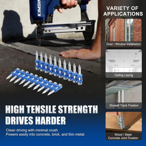 1 Inch Plastic Collated Concrete Pins 1000 Pack 12 Gauge Made For Tough As Nails Masonry Fastening With Galvanized Finish And Strong No 60 Steel Core For Superior Durability In Harsh Worksites. Plastic collated concrete pins for door, window, and drywall fixing
