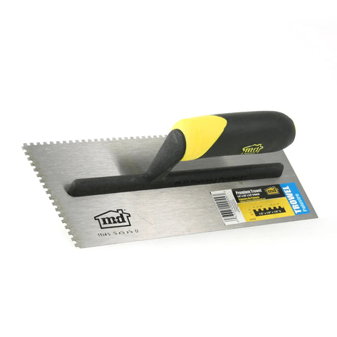 Pro Grade U Notch Trowel One Eighth Inch By One Eighth Inch By One Eighth Inch Stainless Steel Blade With Ergonomic Rubber Handle 11 In By 4.5 In Great For Spreading Mortar On Floors And Walls Silver Blade With Black And Yellow Grip
