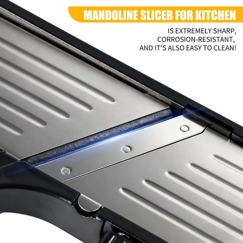Close-up of Adjustable Stainless Steel Mandoline Slicer For Kitchen Vegetables With 7 In 1 Blades and Easy Glide Settings metal deck