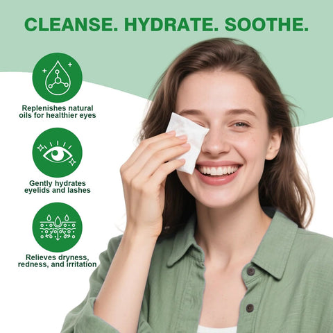 Tea Tree Oil Eyelid Wipes, individually wrapped; woman applying wipe to her eyelid.