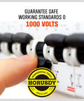 Finger operating a switch on a circuit breaker, showcasing safety standards for 1000 volts with tools. Heavy Duty Six Piece Insulated Screwdriver Set With Sure Grip Magnetic Tips And Certified 1000V Safety Crafted Badass From Chromium Steel With Comfy Rubber Handles.