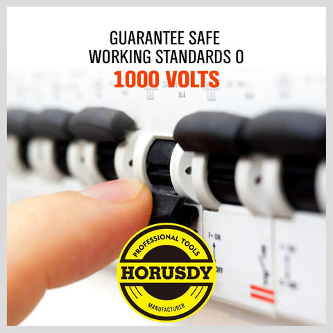 Finger operating a switch on a circuit breaker, showcasing safety standards for 1000 volts with tools. Heavy Duty Six Piece Insulated Screwdriver Set With Sure Grip Magnetic Tips And Certified 1000V Safety Crafted Badass From Chromium Steel With Comfy Rubber Handles.