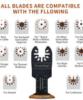 Trivd Frol curved-edge oscillating tool blades, 100-piece set; central black blade with curved edge and brand icons.