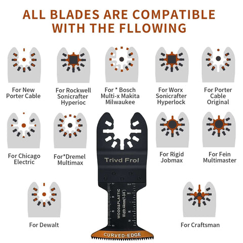 Trivd Frol curved-edge oscillating tool blades, 100-piece set; central black blade with curved edge and brand icons.