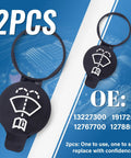 Two Pack Windshield Washer Fluid Reservoir Cap Leak Proof Seal Fits GMC Silverado Chevy Cadillac ATS Buick OE Numbers 13227300 19172571 12767700 12788573 displayed on blue and white background with two black caps.