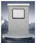 Built To Last 304 Stainless Steel Outdoor Electrical Enclosure Junction Box With Weatherproof Waterproof Construction, Rain Shield Roof, Tight Seal Gasket, Clear Window, Heavy Duty Housing, Tough As Nails For Industrial Or Home Outdoor Use. Front view with rain roof and window