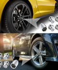 M12 X 1.5 Wheel Lock Lug Nut Set With Key displayed on two different cars, showcasing rugged steel locks for tire security.