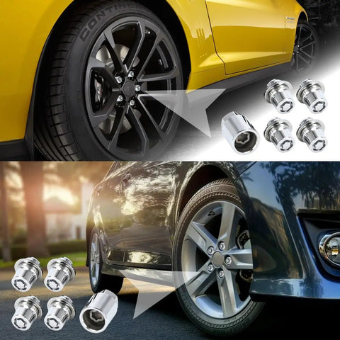 M12 X 1.5 Wheel Lock Lug Nut Set With Key displayed on two different cars, showcasing rugged steel locks for tire security.