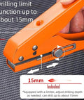 Close-up of Pro Grade 15mm Hole Punch Pliers With Fixed Guide, drilling limit function shown, ergonomic design visible, orange tool