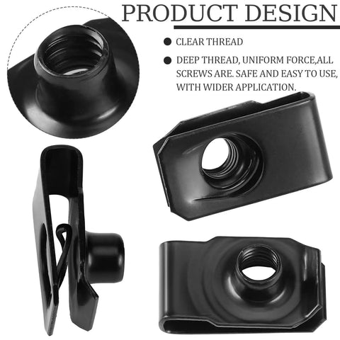 25 Pack Black Extruded U Style Spring Nuts For Automotive Fender Bumper And Grill Retainer Clips 1/4-20 Thread close-up design details