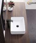 Top view of White Rectangle Vessel Sink For Bathroom Above Counter Porcelain Ceramic Basin With Black Rim Edge Modern Design 18 Inch
