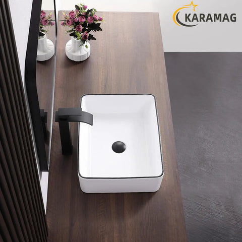 Top view of White Rectangle Vessel Sink For Bathroom Above Counter Porcelain Ceramic Basin With Black Rim Edge Modern Design 18 Inch