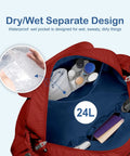 Open maroon lightweight travel duffel bag with wet pocket showcasing organized storage for carry on weekender journeys.