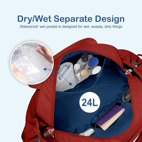 Open maroon lightweight travel duffel bag with wet pocket showcasing organized storage for carry on weekender journeys.