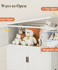 Premium Stackable Storage Bins With Smooth Rolling Wheels And Secure Snap Lids Game Changing Hella Spacious Plastic Organizers Fold Flat For Garage Closet Pantry 3 Pack Cream White with two opening options and stuffed toys.