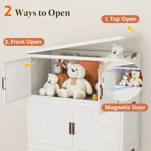 Premium Stackable Storage Bins With Smooth Rolling Wheels And Secure Snap Lids Game Changing Hella Spacious Plastic Organizers Fold Flat For Garage Closet Pantry 3 Pack Cream White with two opening options and stuffed toys.